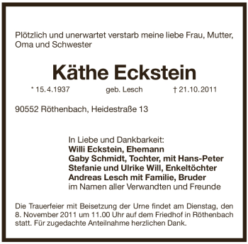Traueranzeige von Käthe Eckstein von Pegnitz-Zeitung
